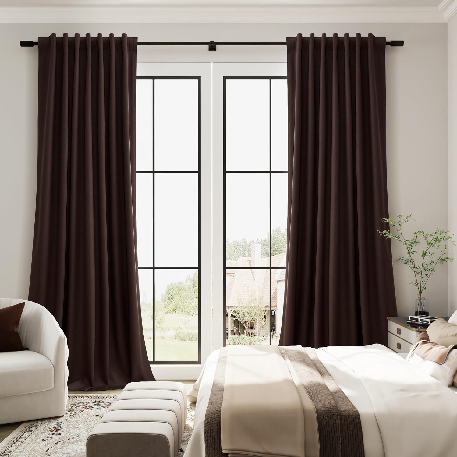 Guken Coffee Linen 100% Blackout Curtains for Bedroom 84 Inch Length 2 Panels Set Textured Elegant Black Out Thermal Insulated Soundproof B…