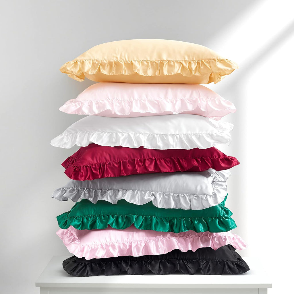 HommxJF Silky Satin Ruffled Pillow Cases for Hair and Skin, Pink Silk Pillowcases Standard Set of 2 with Envelope Closure Princess Room Deco…