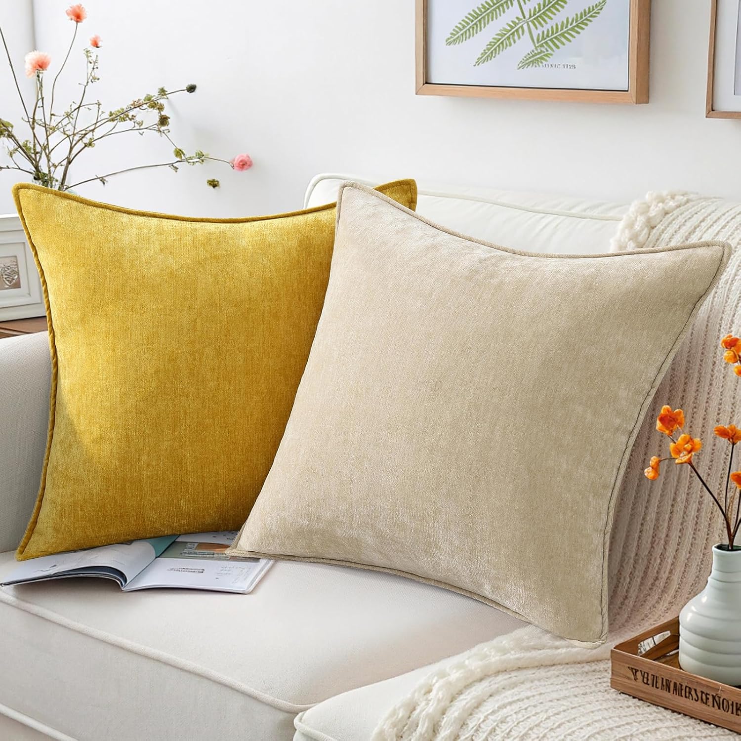 decorUhome Spring Couch Throw Pillow Covers 18x18 Set of 2, Decorative Soft Velvet Neutral Chenille Pillow Covers with Elegant Design for S…
