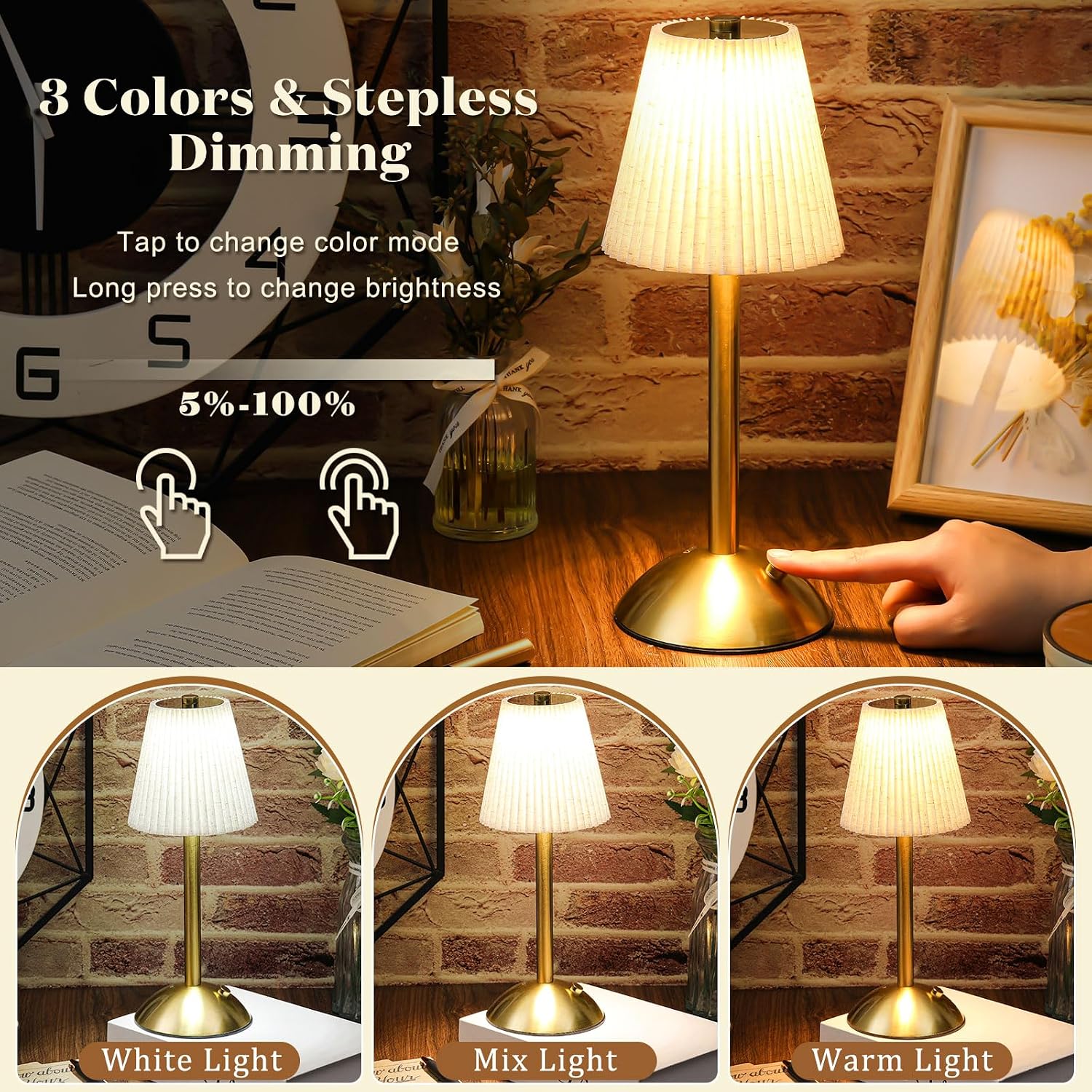Liliful 2 Pcs Cordless Table Lamp Rechargeable Touch LED Small Gold Portable Battery Operated USB-c Desk Lamp 3 Color Dimmable for…