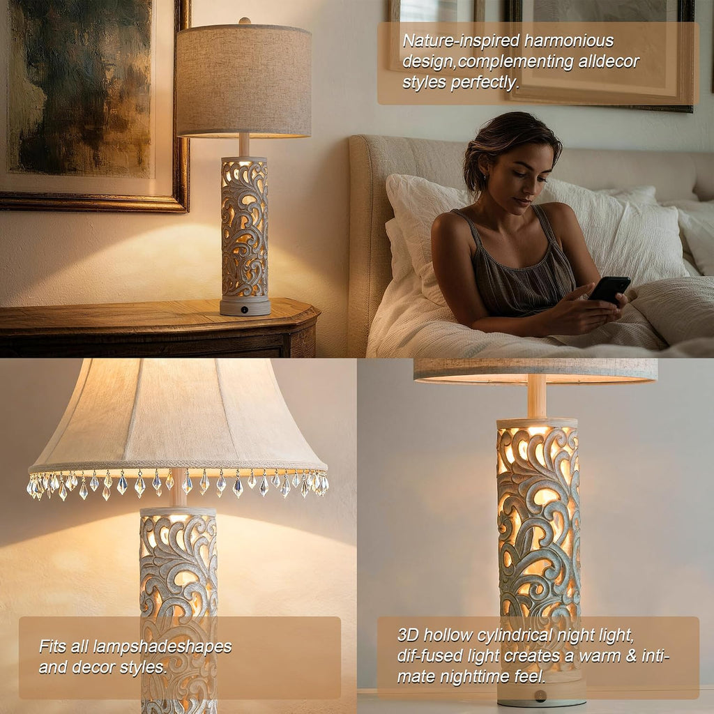 OYEARS 2-in-1 Light Table Lamp Set of 2 for Living Room, 28.5" Farmhouse Bedside Lamps with USB Charging Port, Main&Night Light & Dual…