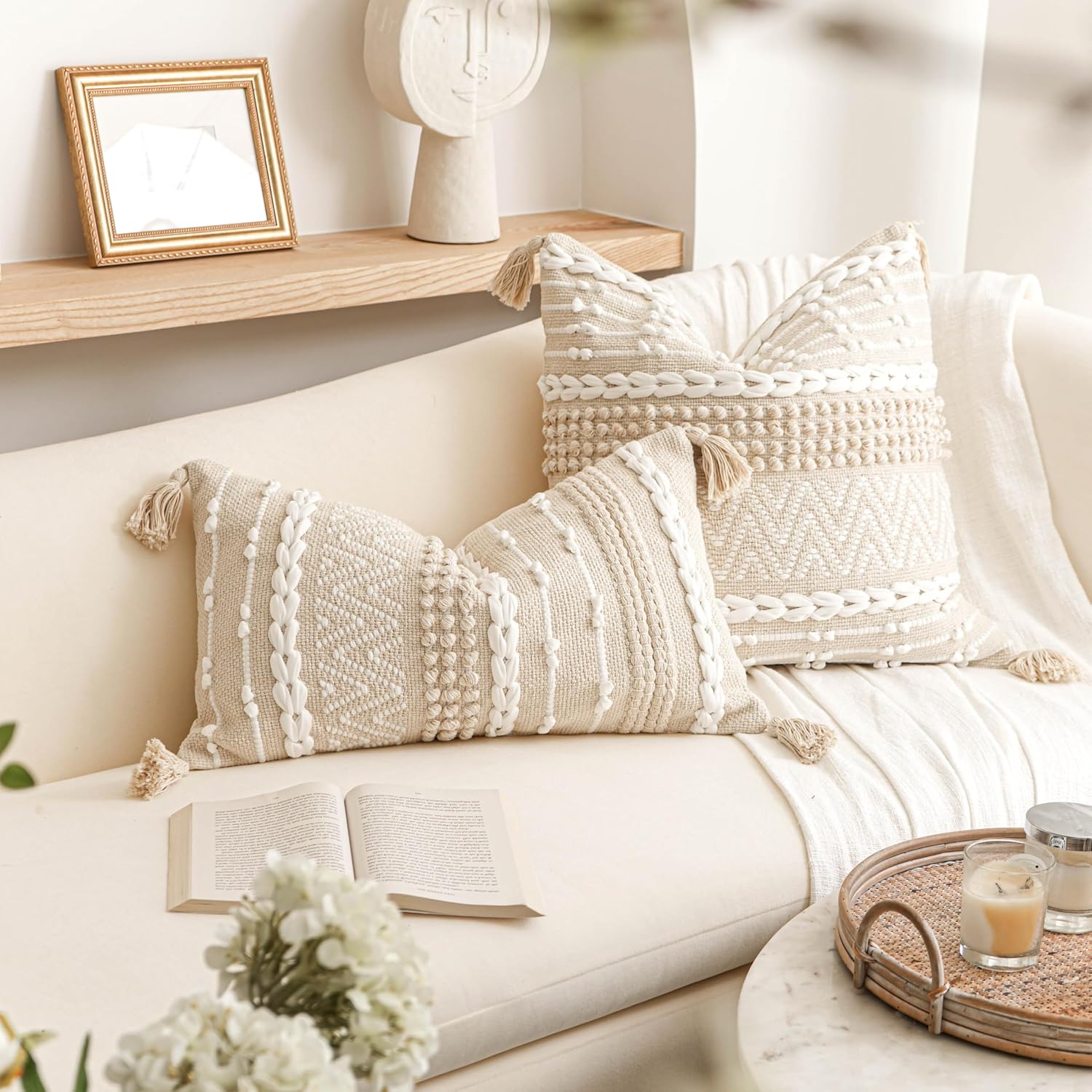 BlissBlush Decorative Lumbar Pillow Cover 14x24, Cream White Boho Accent Throw Pillow Case for Couch Sofa Bed, Modern Farmhouse Textured…