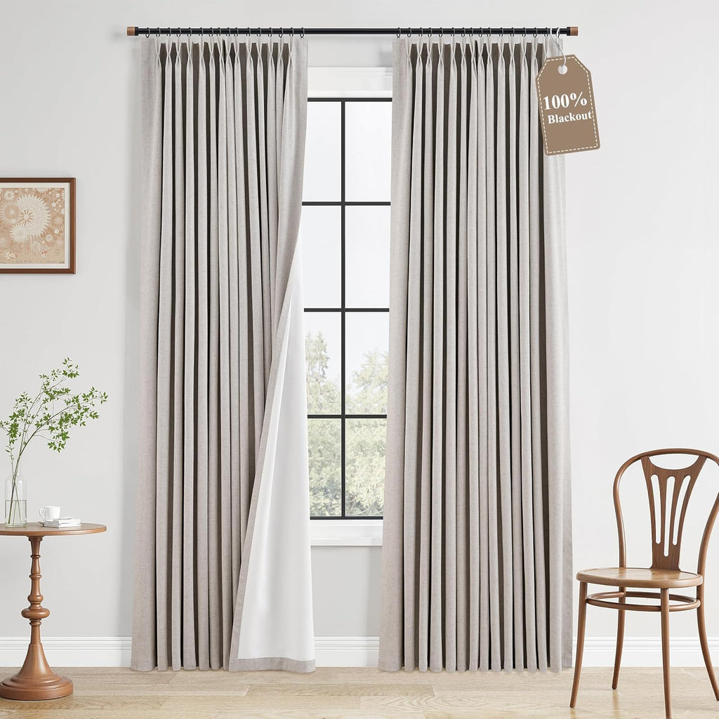 Boodii Beige 100% Blackout Linen Pinch Pleated Curtains 84 Inches Long 2 Panels for Bedroom Living Room Farmhouse Boho Light Blocking Memor…