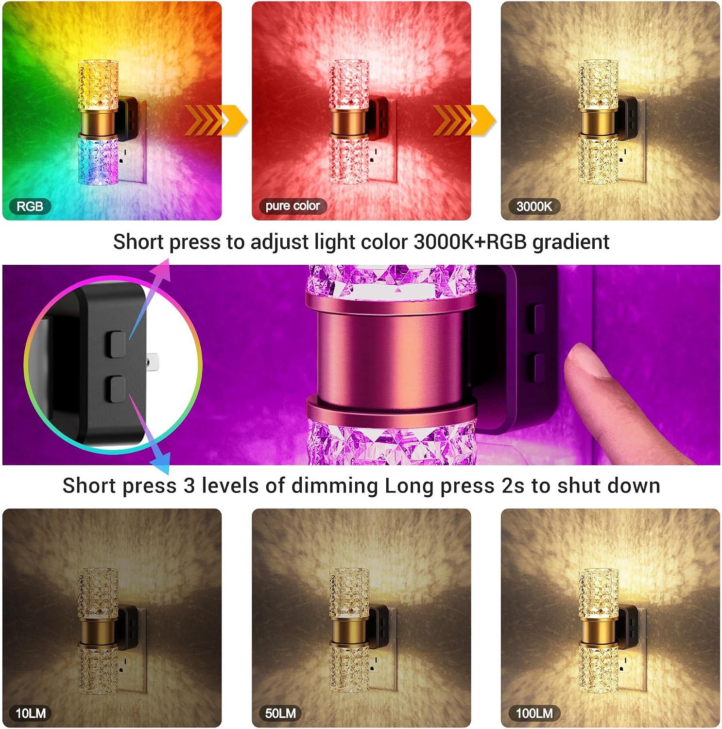 JandCase Night Lights Plug into Wall, Color Changing Night Light for Kids, 3000K+RGB LED Nightlight with Dusk to Dawn Sensor, 10/50/100LM…
