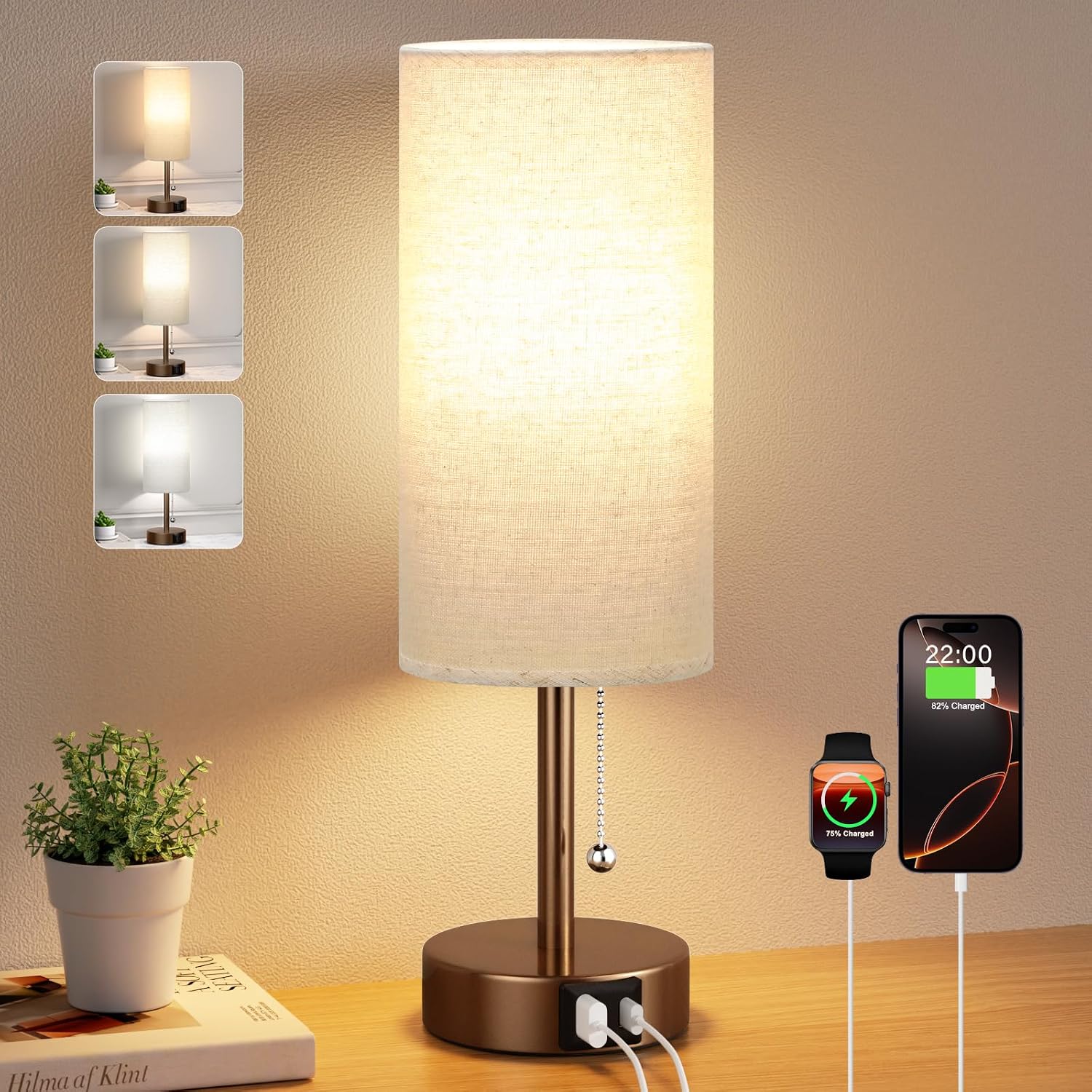 PartageiZ Brown Table Lamp for Bedroom Nightstand - Small Lamp with USB A + C Charging Port, 3 Color Temperatures Pull Chain Night Stand…