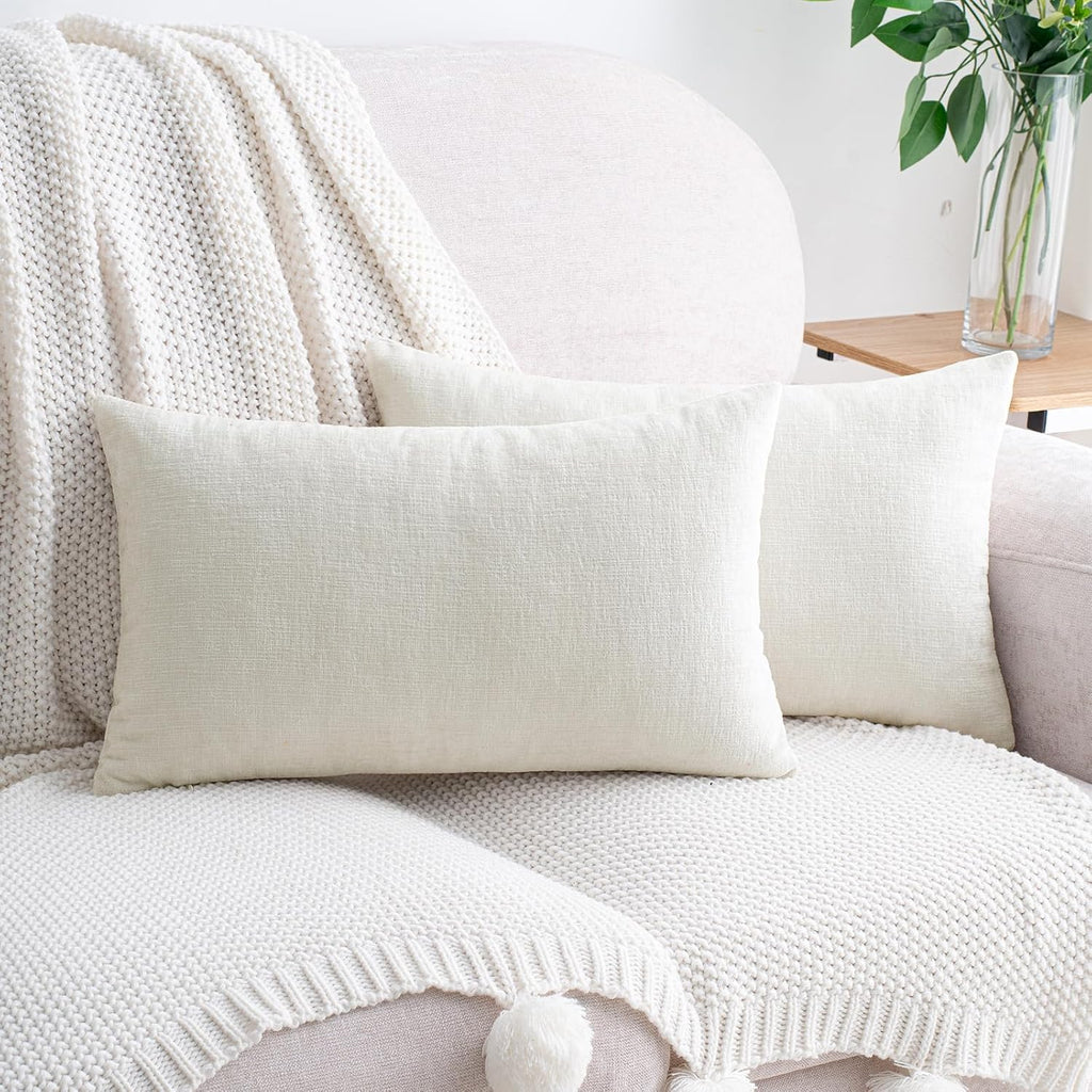 Hwy50 HWY 50 Cream White Lumbar Pillow Covers 12x20 Inch Pack of 2, Soft Chenille Decorative Throw Pillow Covers Farmhouse for Couch Sofa L…
