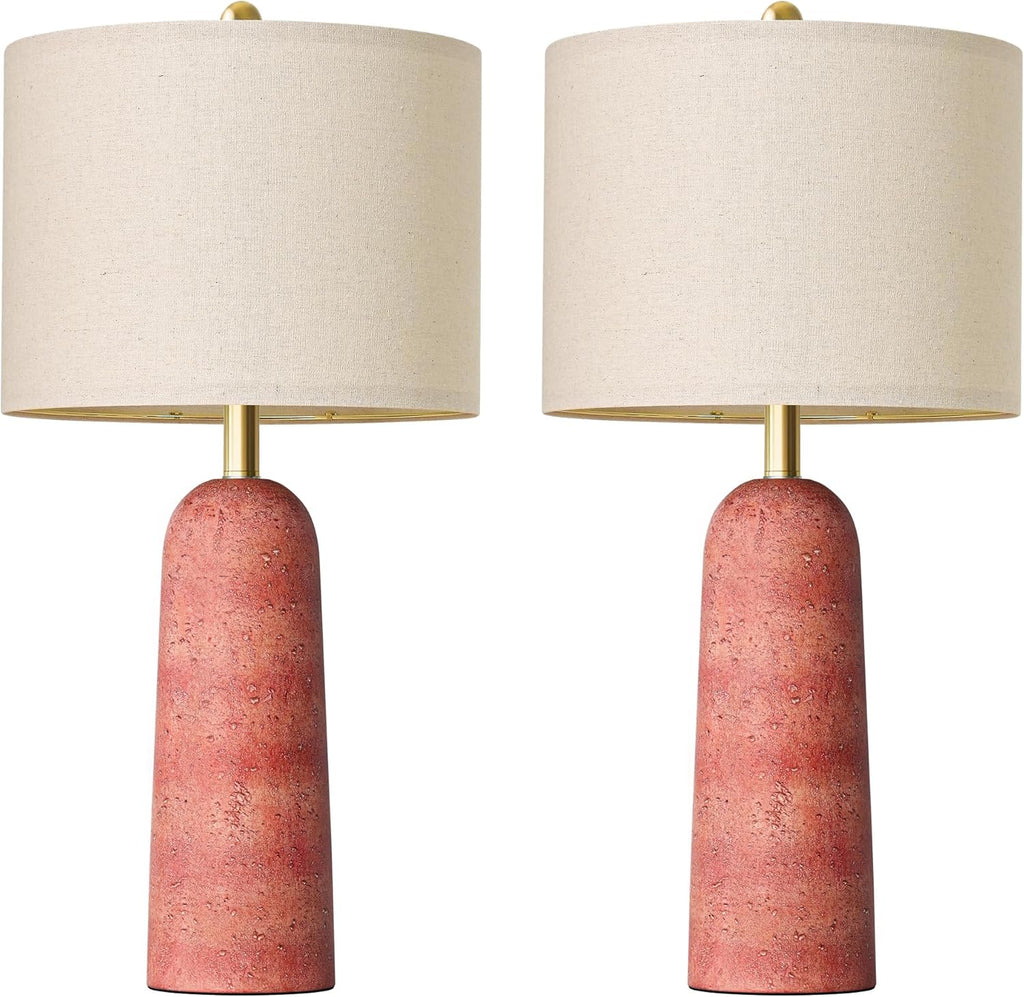 BOBOMOMO 27.25" Modern Table Lamp Set of 2, Red Resin Table Lamps with Stone Look, Lamps for Living Room with Linen Shades, Bedside Lamps…