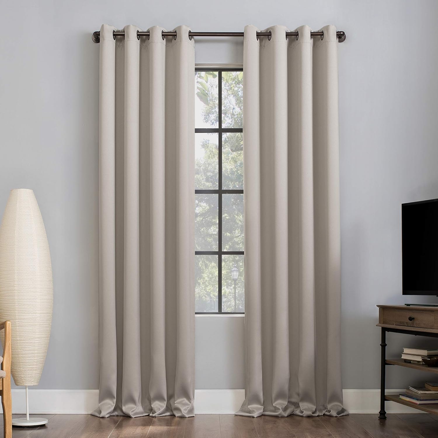 Sun Zero Nordic 2-pack Theater Grade Extreme Total Blackout Grommet Curtain Panel Pair, 52" x 63", Stone (Pack of 1)