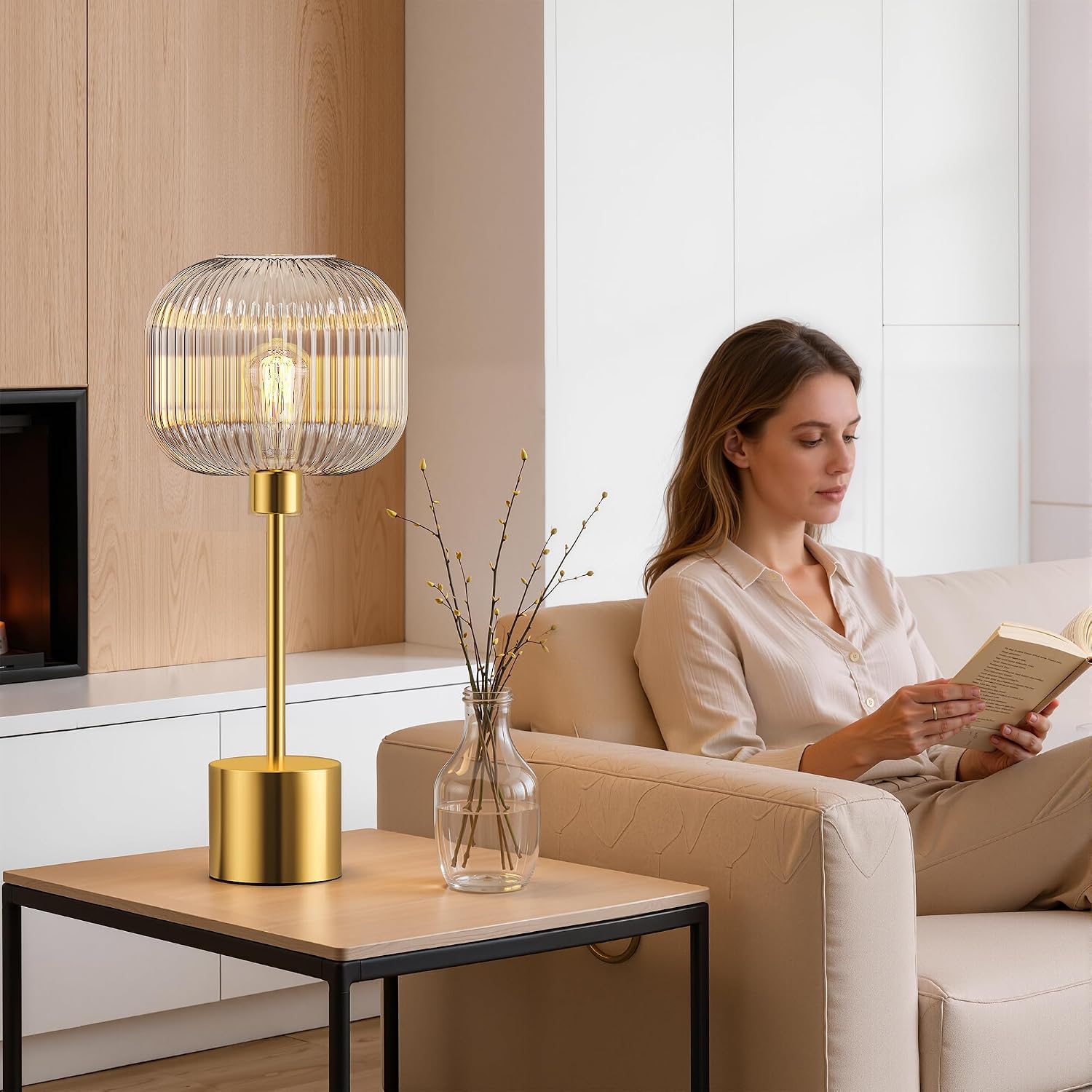 QiMH Glass Table Lamp for Living Room, Modern Bedside Lamp with Clear Ribbed Glass Shade, 3-Way Dimmable Touch Control Nightstand Lamp…