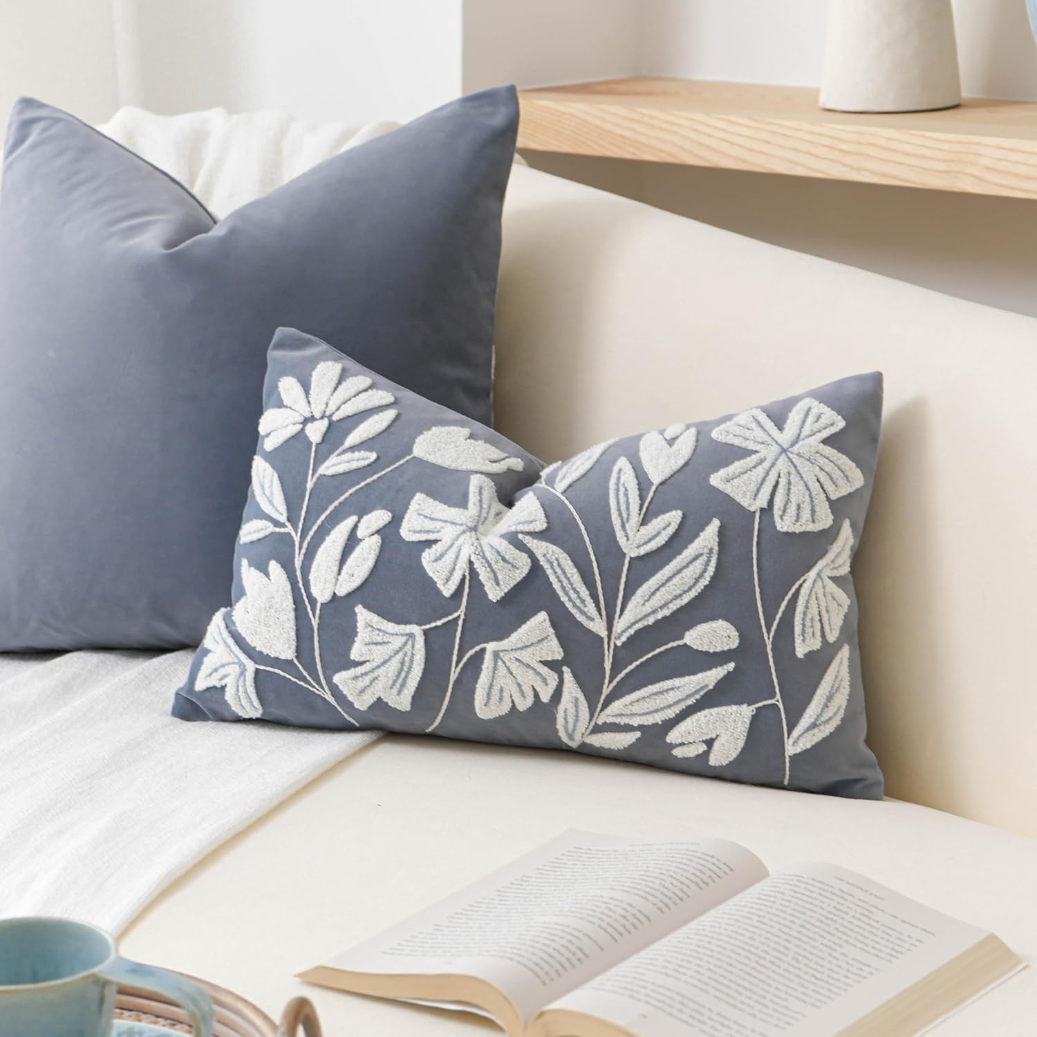 BlissBlush 12x20 Lumbar Pillow Cover, Grayish Blue Rectangular Decorative Throw Pillowcase for Couch Sofa, Floral Tufted Embroidered…