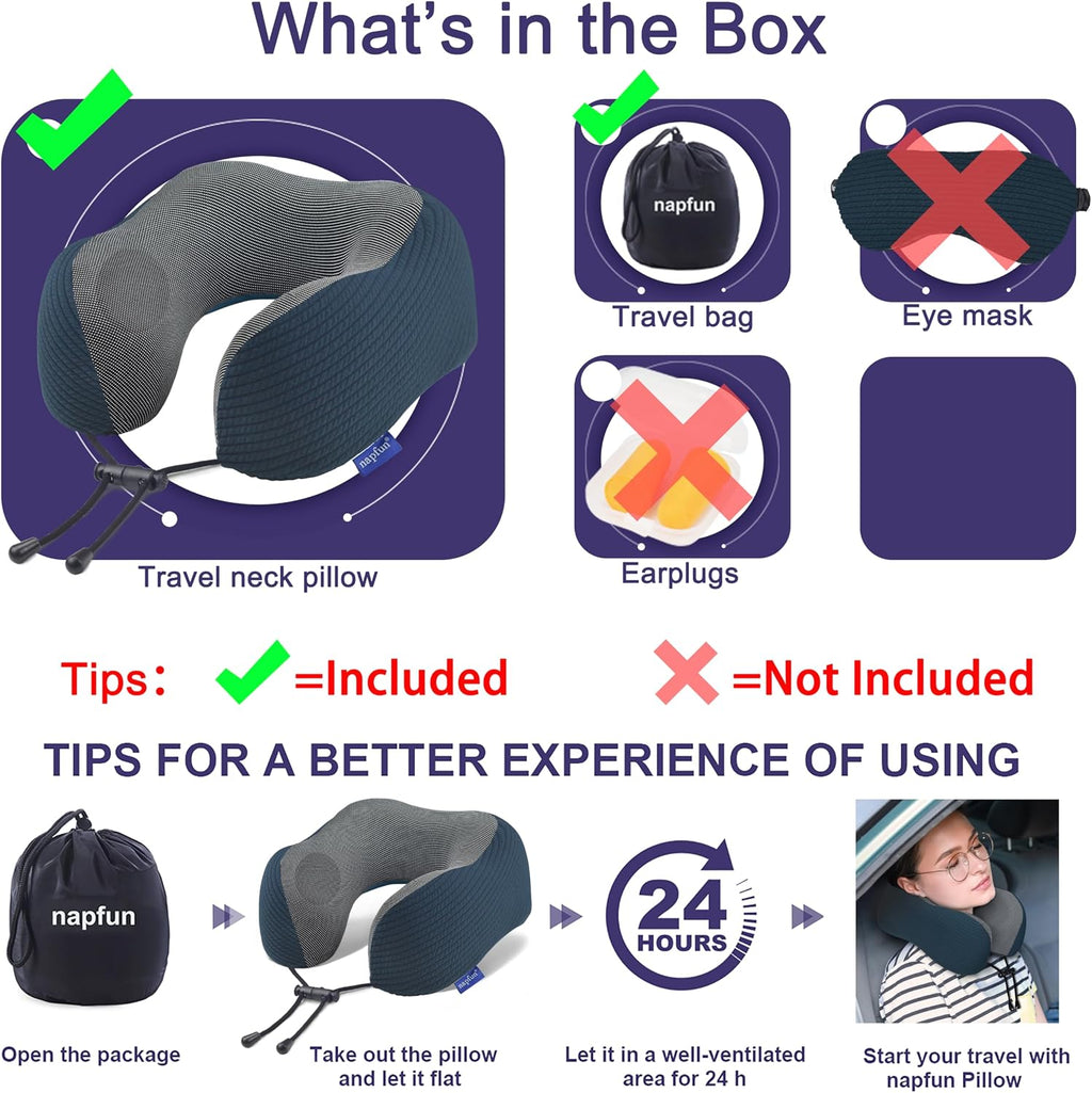 napfun Neck Pillow for Traveling, Upgraded Travel Neck Pillow for Airplane 100% Pure Memory Foam Travel Pillow for Flight Headrest Sleep…