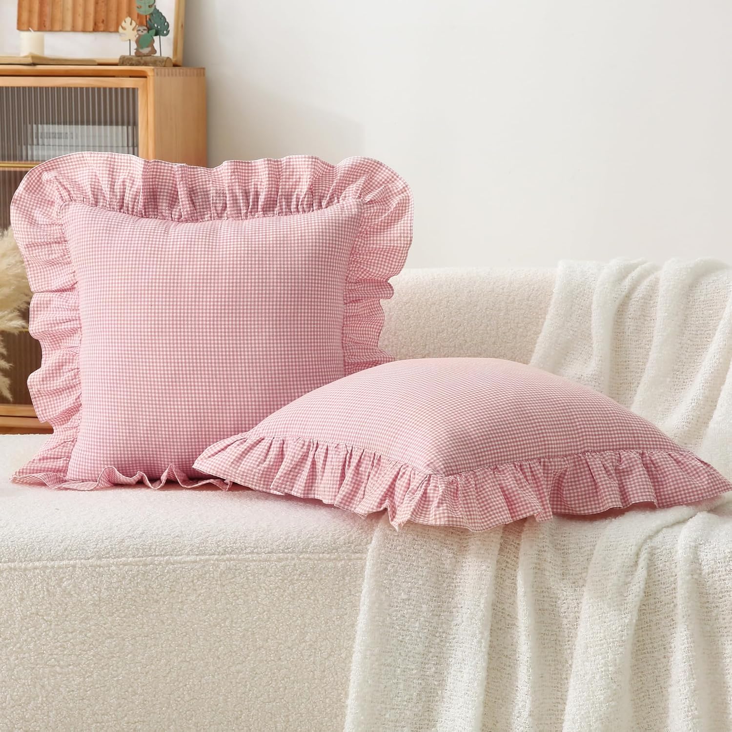 Jilboo Gingham Pillow Covers (2 Pack) - 18x18 Inches Pink/White Plaid, 100% Washed Cotton Vintage Ruffle Decorative Throw Pillowcases with…