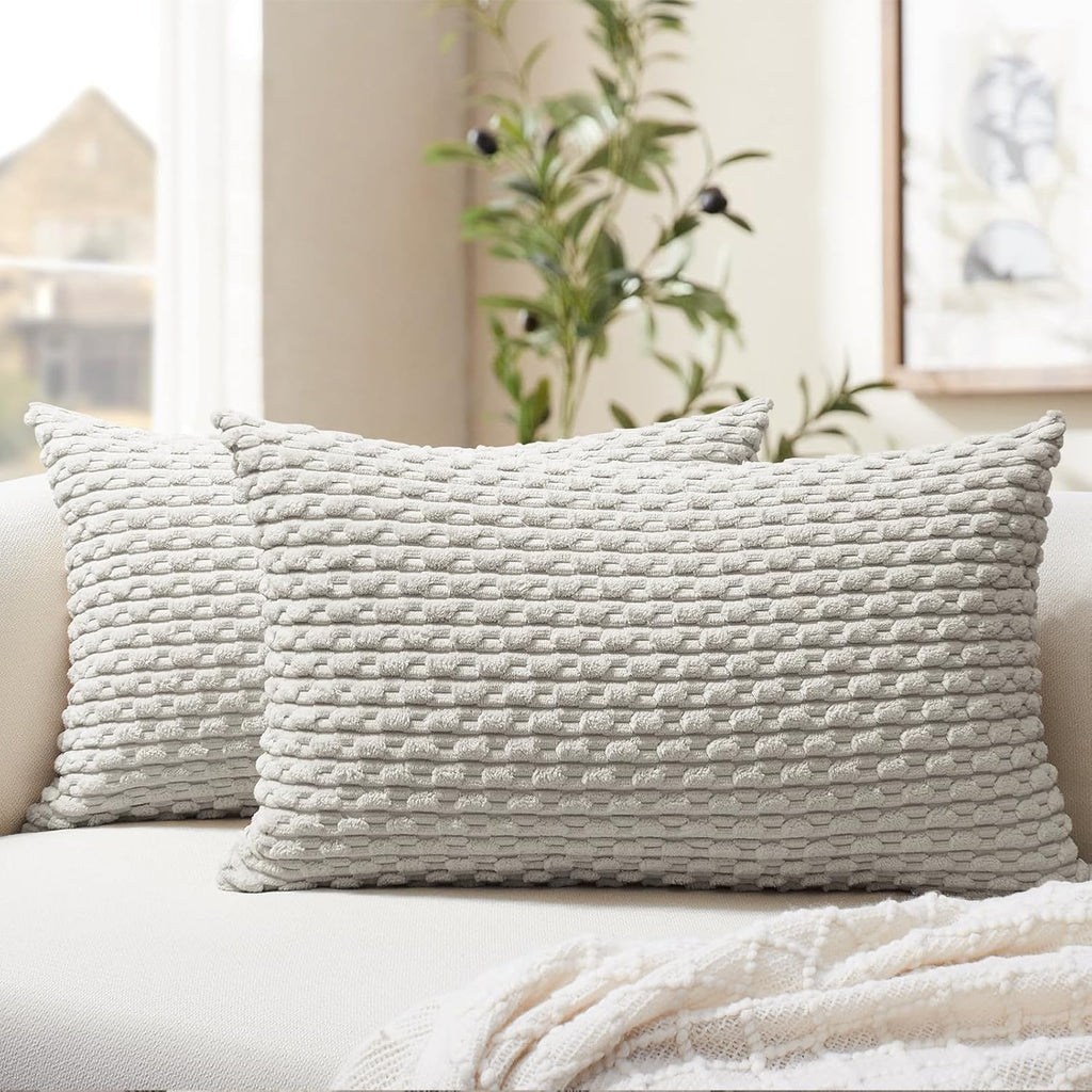 Softalker Throw Pillow Covers 12x20 Inch, Set of 2, Soft Corduroy Boho Stripe Decorative Pillow Cover, Couch Fluffy Pillow Cover for…