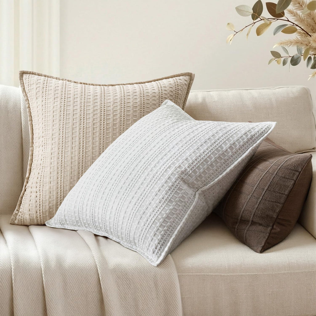 Set of 2 Decorative 100% Cotton Waffle Throw Pillow Covers 20x20, Neutral Euro Shams Weave European Cushion Cases for Couch Sofa Bed…