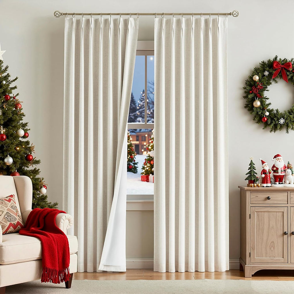 VisionHome Vision Home Natural Pinch Pleated Full Blackout Curtains Linen Blended Room Darkening Window Curtains 102 inch for Living Room B…