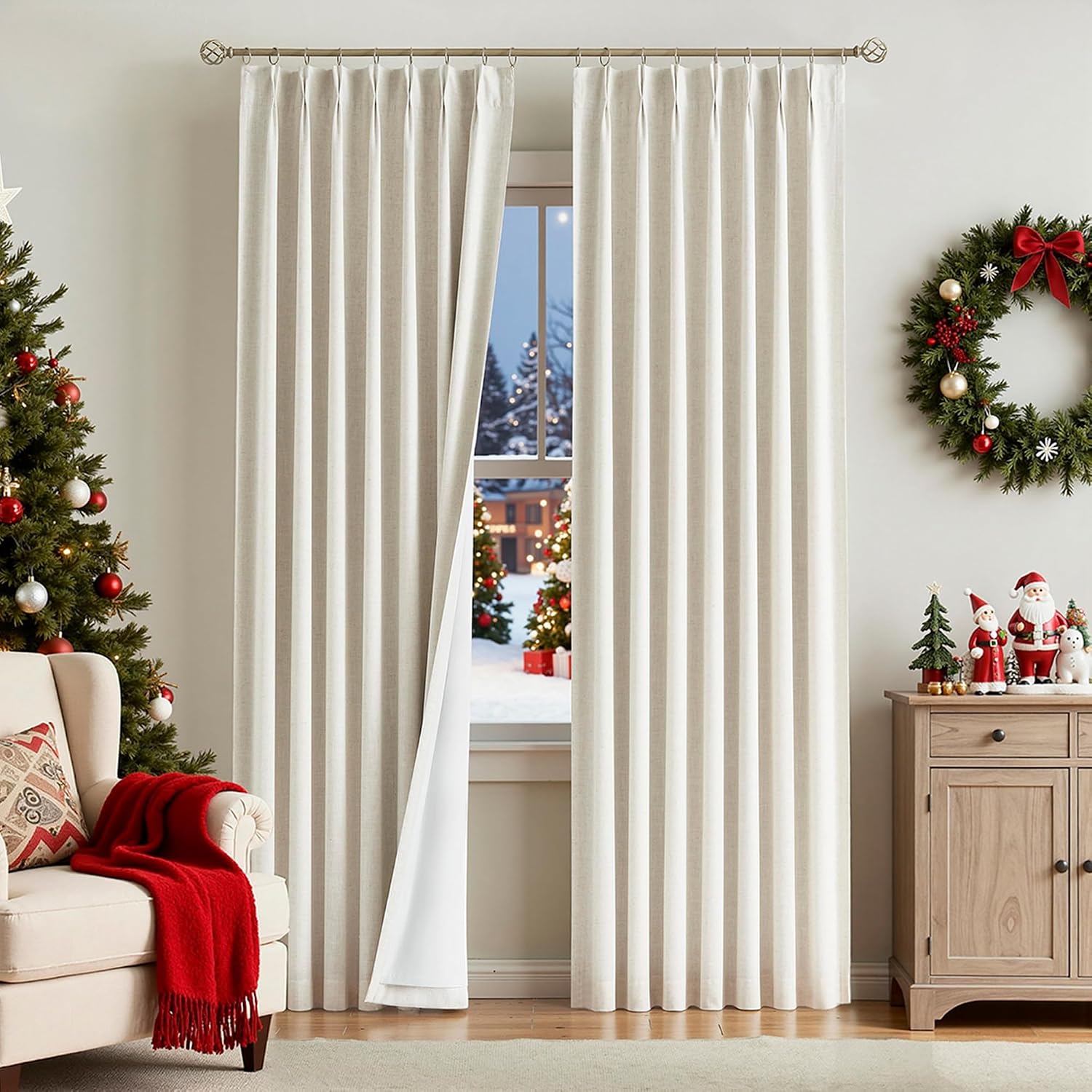 VisionHome Vision Home Natural Pinch Pleated Full Blackout Curtains Linen Blended Room Darkening Window Curtains 102 inch for Living Room B…