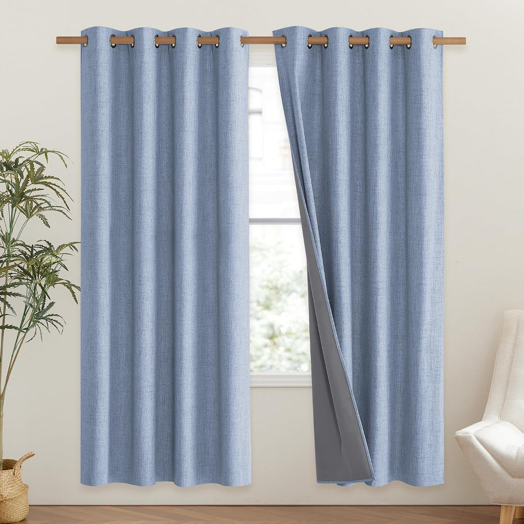 NICETOWN Stone Blue Vintage Linen 100% Blackout Curtains for Living Room, Thermal Insulated Curtains 72" Long, Noise Reducing Window…