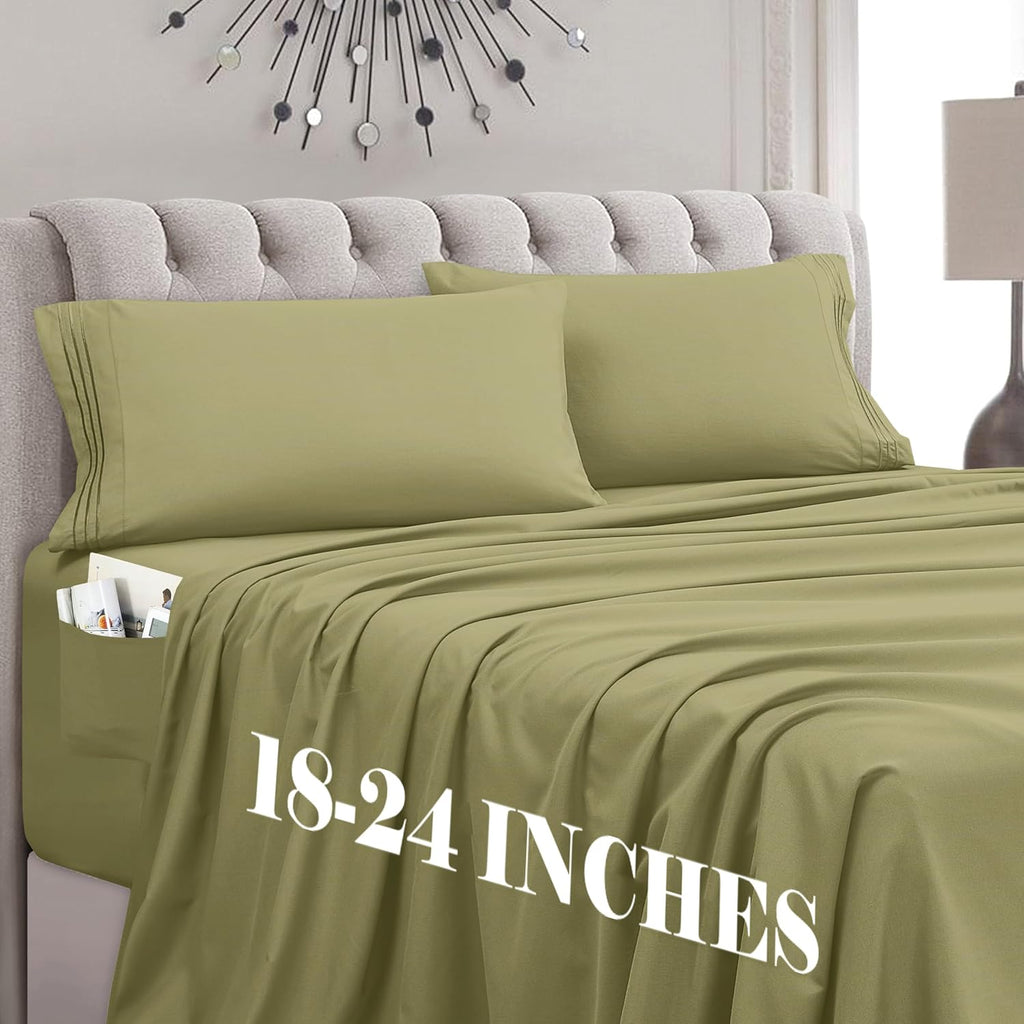 MocassiLuxuryBedding Mocassi King Size 4-Piece Bed Sheet Set - 1800 Hotel Quality Microfiber 18-24 Inches Extra Deep Pocket Fitted Sheet- L…