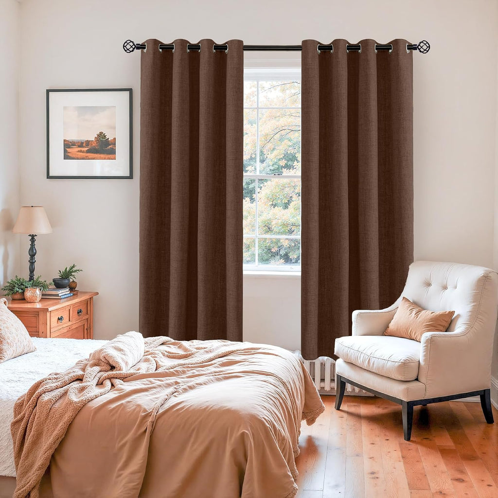 YoungsTex Brown Linen Blackout Curtains 72 Inch Length for Bedroom, Full Light Blocking Window Drapes with Grommet Thermal Insulated for Fa…