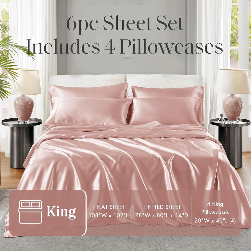 Madisonpark Madison Park - MPE20-774 Satin Wrinkle-Free Luxurious and Silky with 16" Deep Pocket 6 Piece Durable Sheet Set, King, Blush