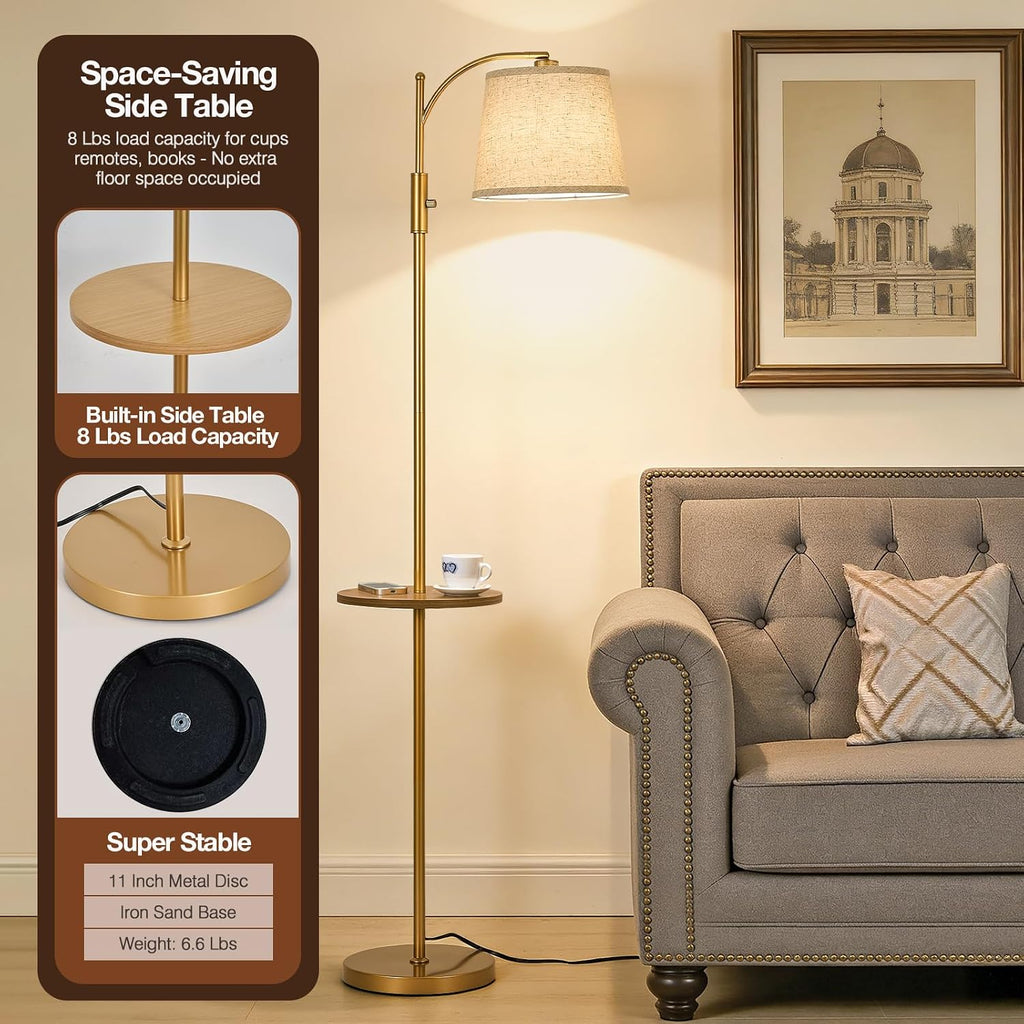 AIDENOEY Fully Dimmable Floor Lamp for Living Room, Standing Lamp Rotary Switch with Table&Linen Beige Shade, Golden Tall Lamps for Bedroom…