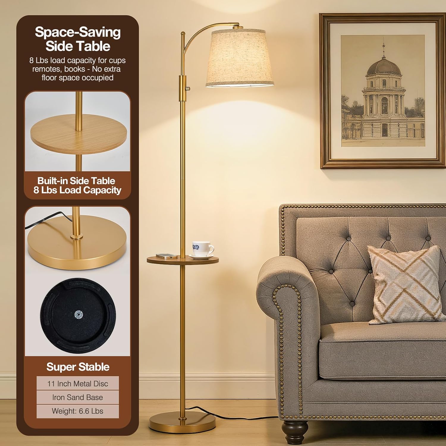 AIDENOEY Fully Dimmable Floor Lamp for Living Room, Standing Lamp Rotary Switch with Table&Linen Beige Shade, Golden Tall Lamps for Bedroom…