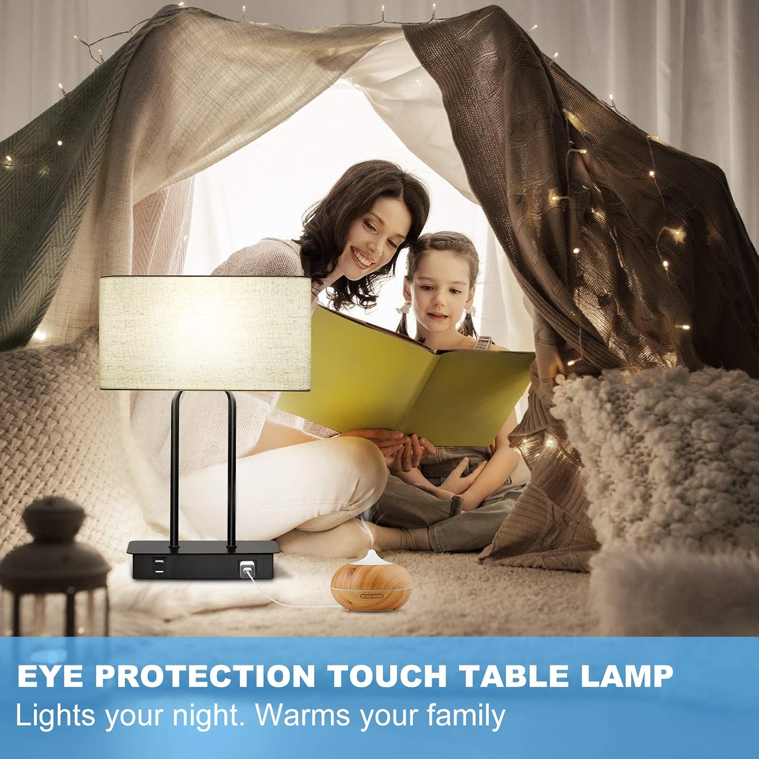 Bedside Touch Control Table Lamp with Dual USB Charging Ports 1 AC Outlet, 3 Way Dimmable Modern Nightstand Lamp with Cream Fabric Shade…