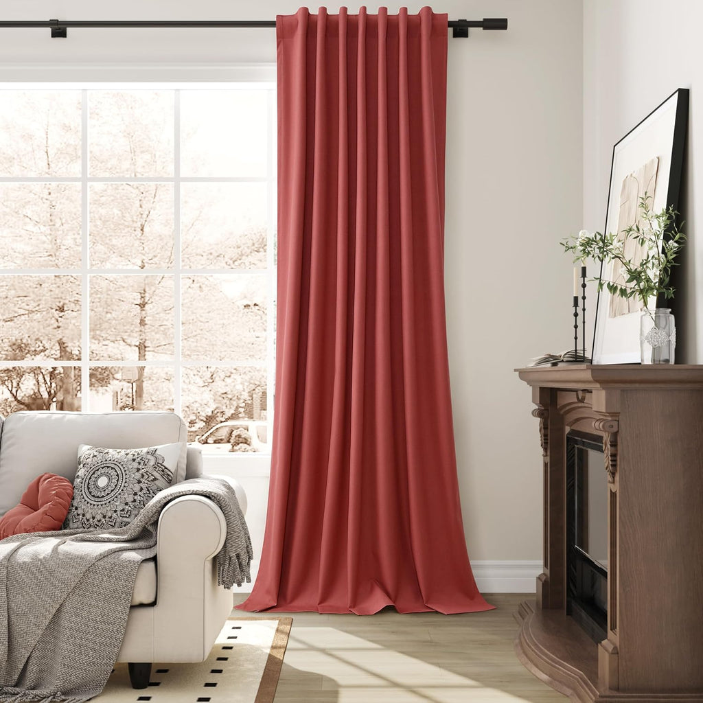 Guken Red Linen 100% Blackout Curtains 102 Inch Long for Bedroom 2 Panels Textured Farmhouse Room Darkening Back Tab Curtains Hooks Thermal…