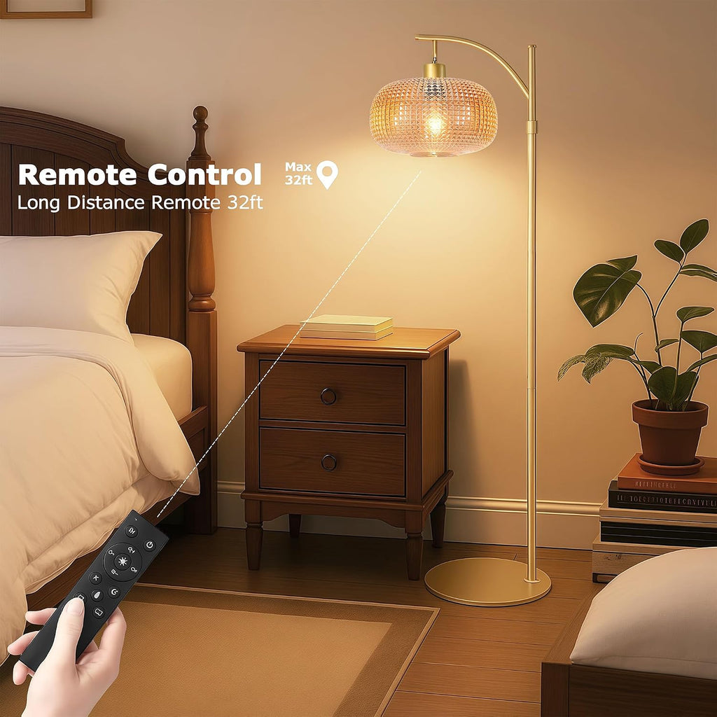 Glass Floor Lamp for Living Room with Amber Glass Lampshade, Dimmable Modern Standing Lamp with 12W LED Bulb, Remote Control Tall Lamp…