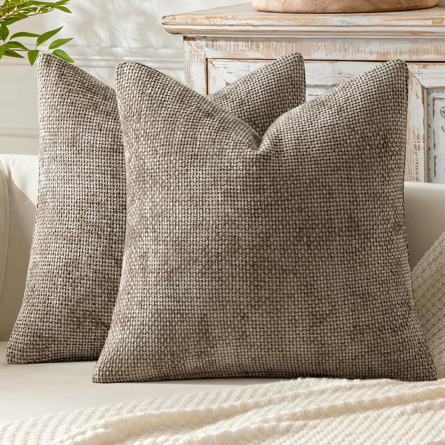 Miulee Pack of 2 Couch Throw Pillow Covers 22x22 Inch Neutral Khaki Modern Boho Accent Decorative Pillow Covers Soft Chenille Farmhouse Cus…