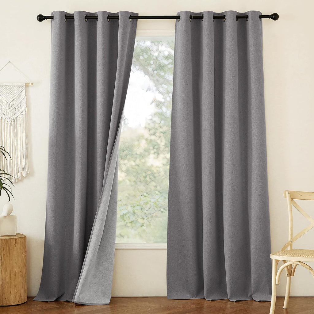 NICETOWN Grey Long Faux Linen Full Shade Panels, 52" Wide x 95" Long, Pair of Thermal Insulated & Energy Efficiency Blackout Curtains for…