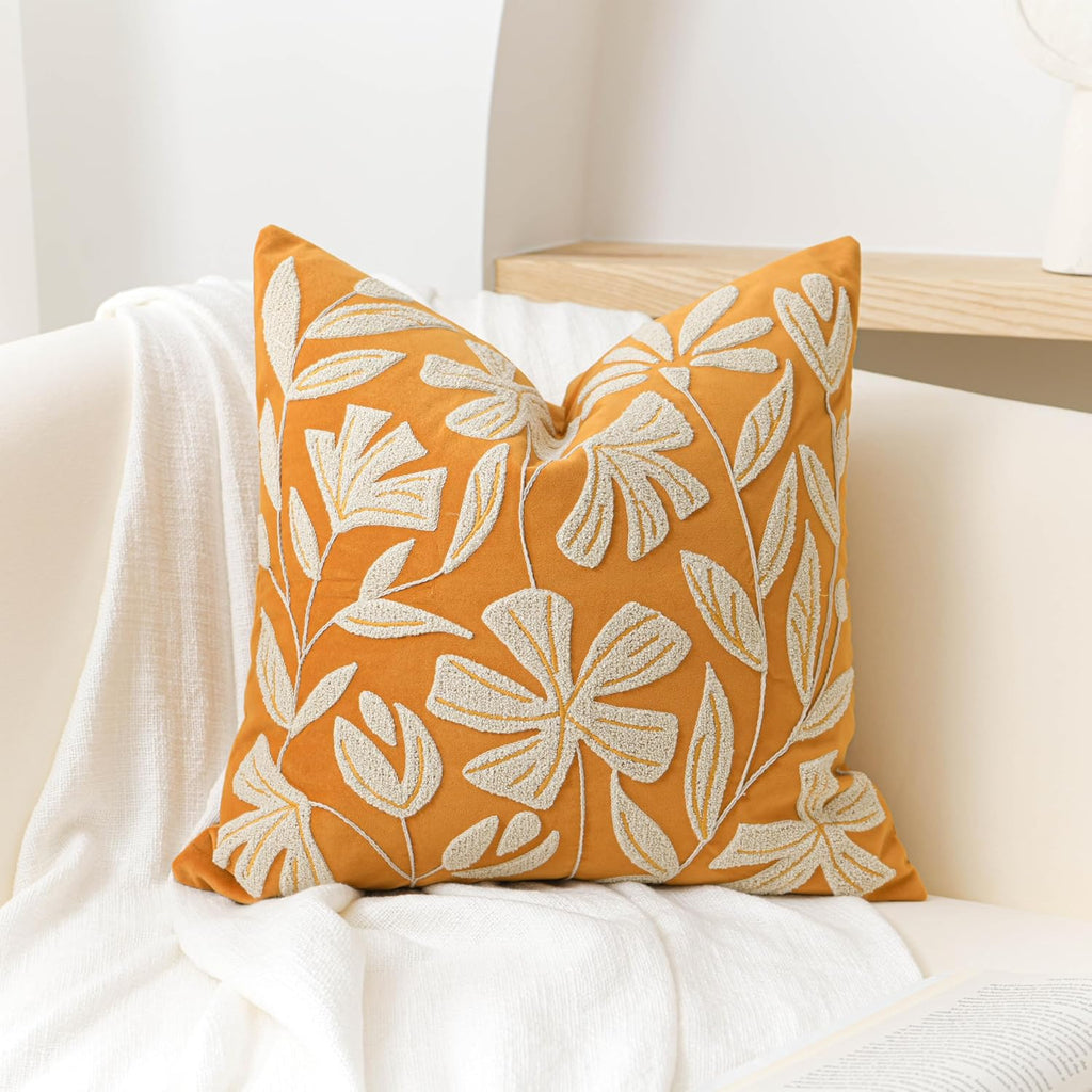 BlissBlush 20x20 Throw Pillow Cover, Mustard Yellow Square Decorative Cushion Cover for Couch Sofa, Floral Tufted Embroidered Velvet…
