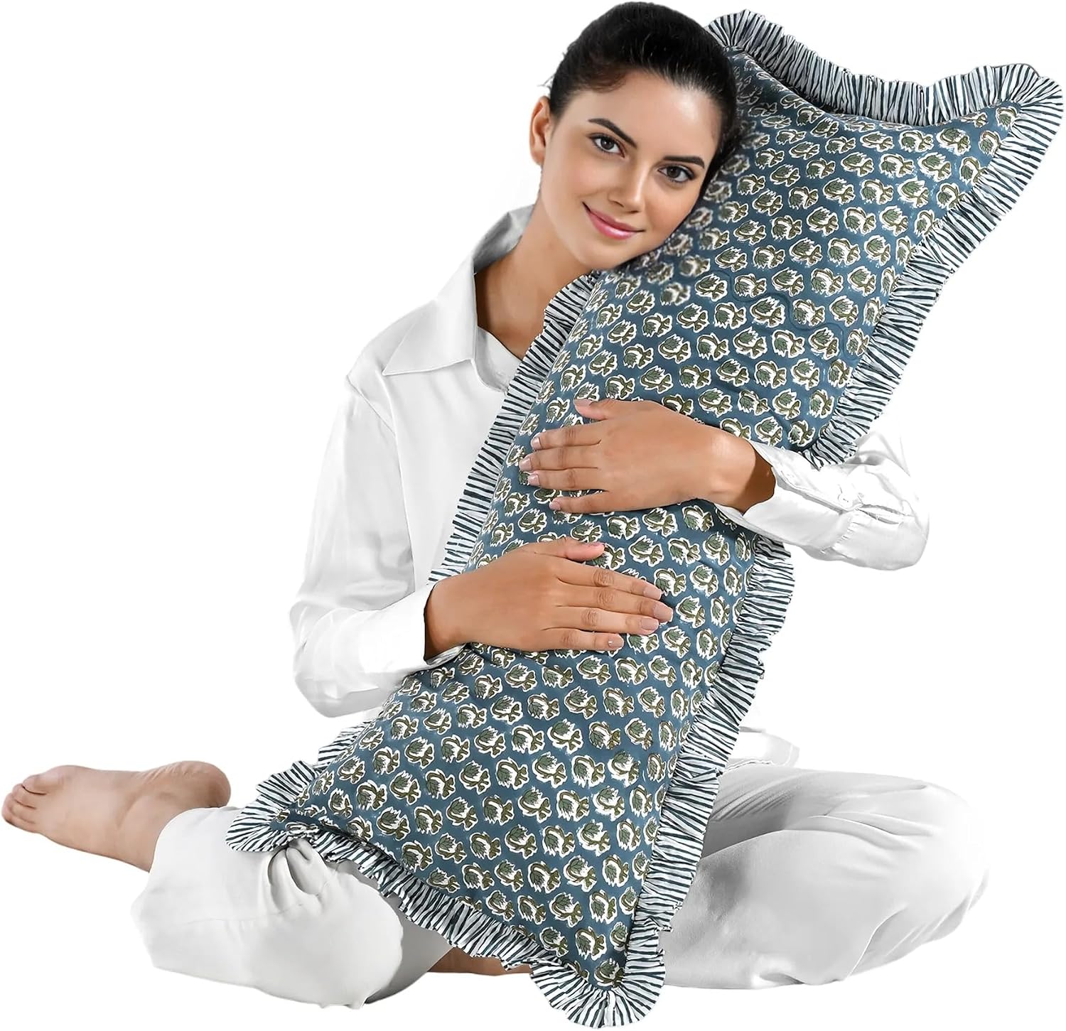 Ridhi Block Print Peacock Blue 36"x14" Set 1-100% Cotton Ruffle Lumbar Sham Cover Boho Floral Pillowcase, Farmhouse Cottagecore Bedding…