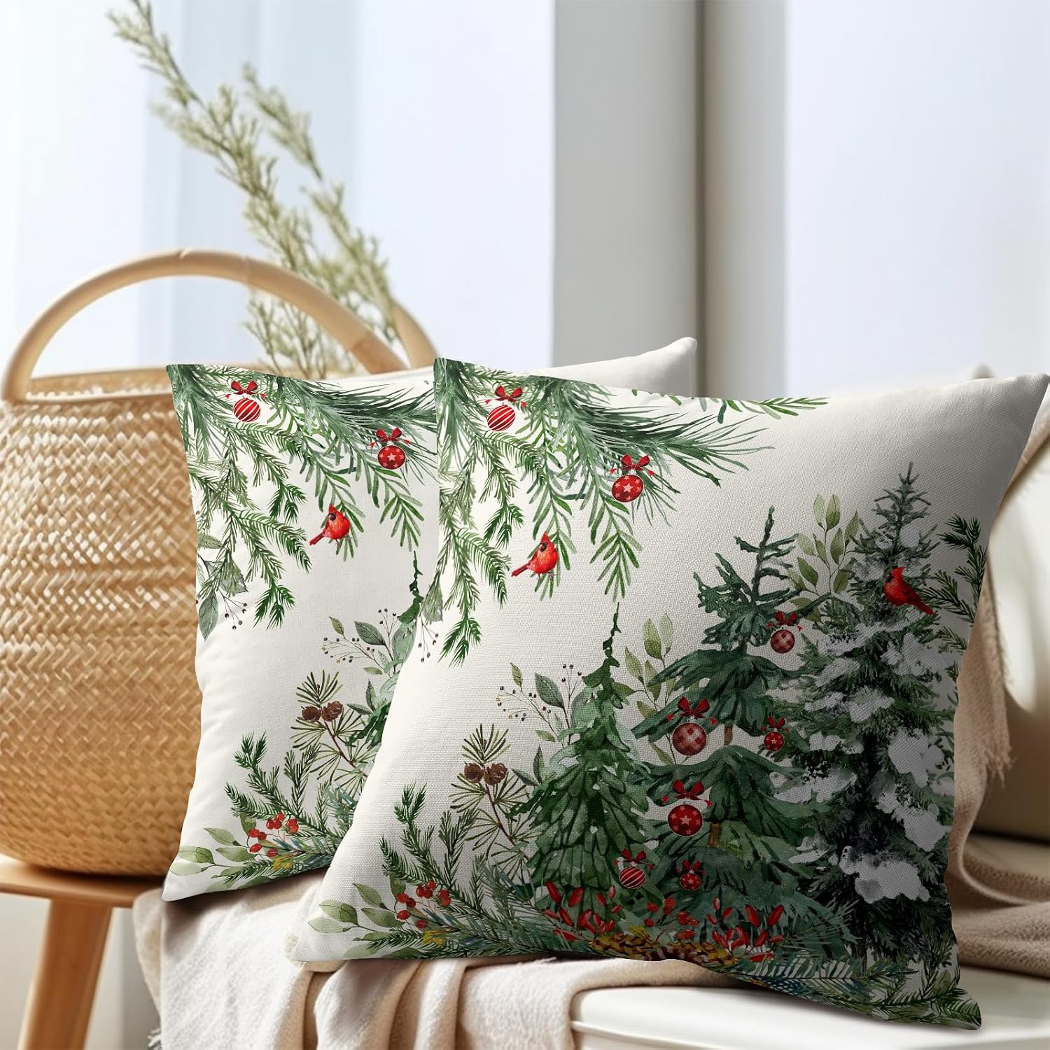 Granbey Green Christmas Tree Throw Pillow Covers 18x18 Inch Set of 2 Winter Pine Trees Red Berry Bells Birds Decorative Pillowcase Xmas Hol…