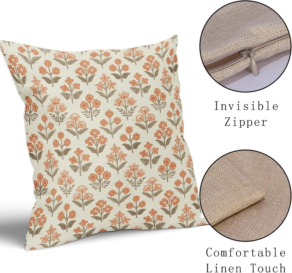 Brown Orange Floral Pillow Covers 24x24 Inch Set of 2, Vintage Flower Block Print Pattern Decorative Throw Pillowcases Outdoor Farmhouse…