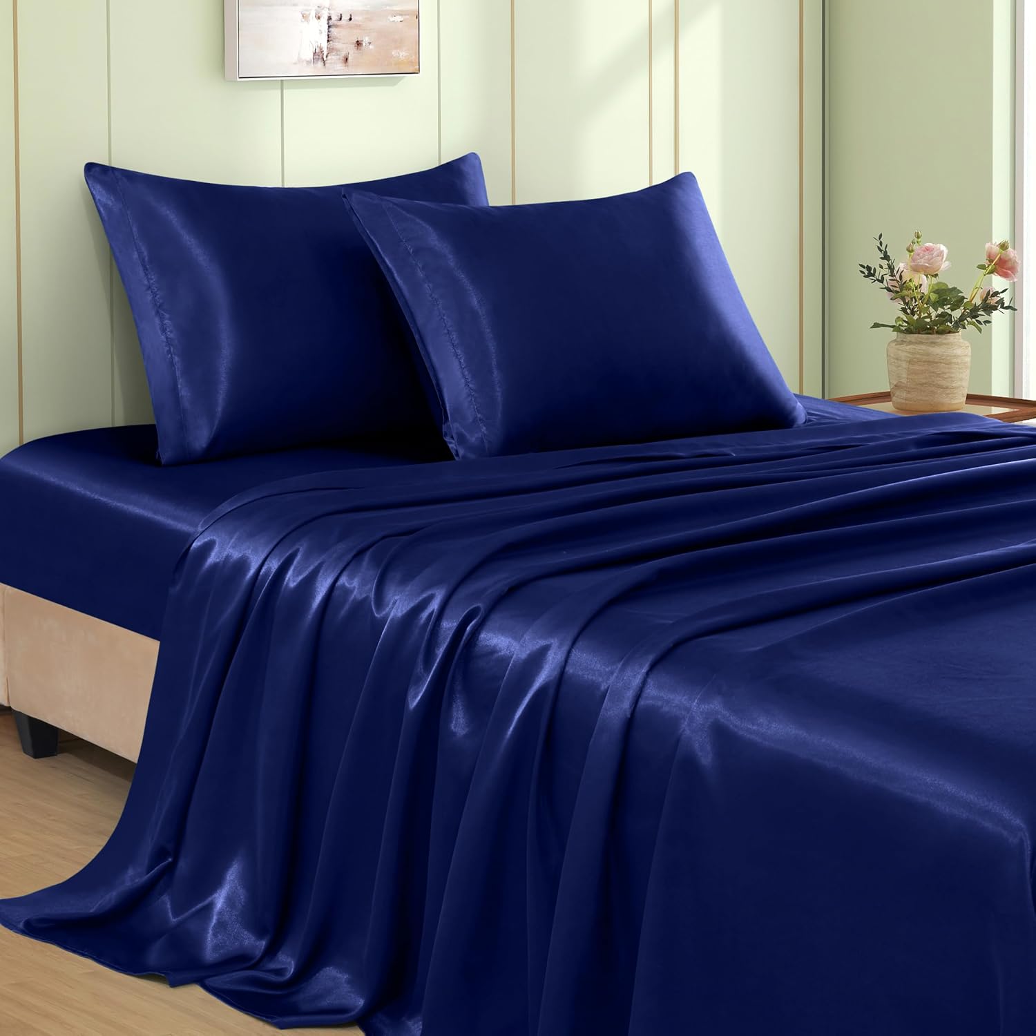 VACVELT 3pcs Navy Blue Satin Sheets Twin Size Bed Set, 15 Inch Deep Pocket Silky Satin Sheet Set, Soft Satin Bedding Set Cooling & Luxury…