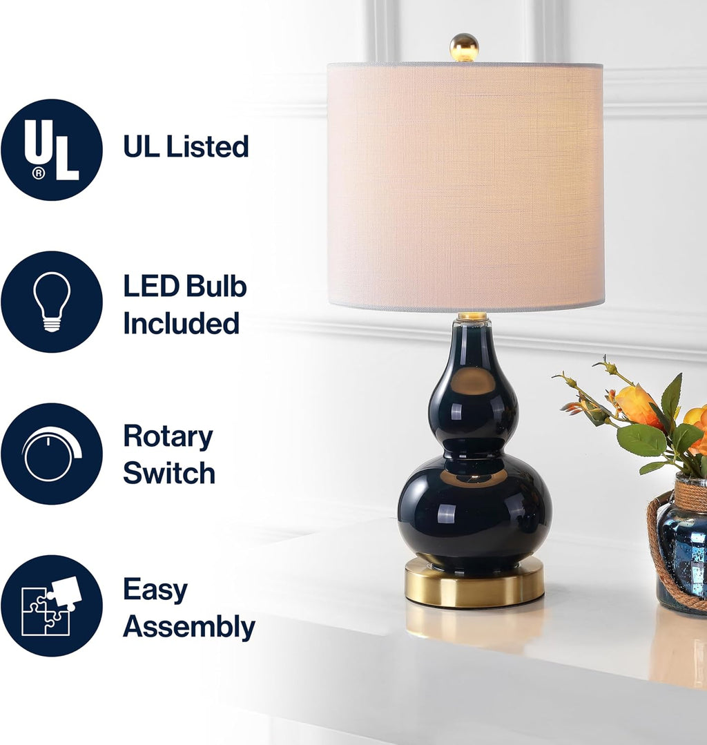 JONATHAN Y 20.5" Navy Glass Table Lamp, Modern Gourd Bedside Nightstand Lamp for Bedroom, Living Room, White Linen Shade, LED Bulb…