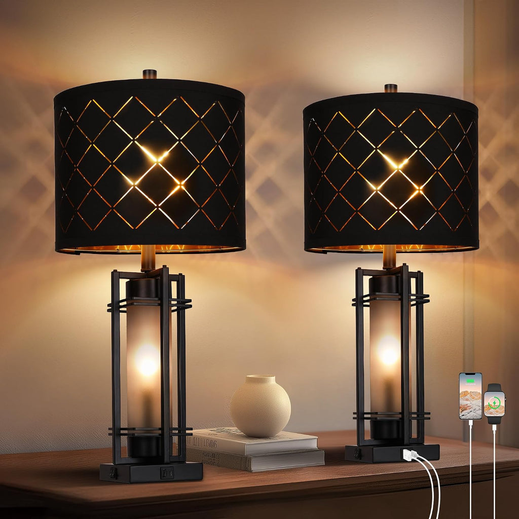 Modern Table Lamp Set of 2, Nightstand Lamps with Black Grid Shade, Bedside Lamps with USB A+C Charging Ports, Decorative Table Lamp…