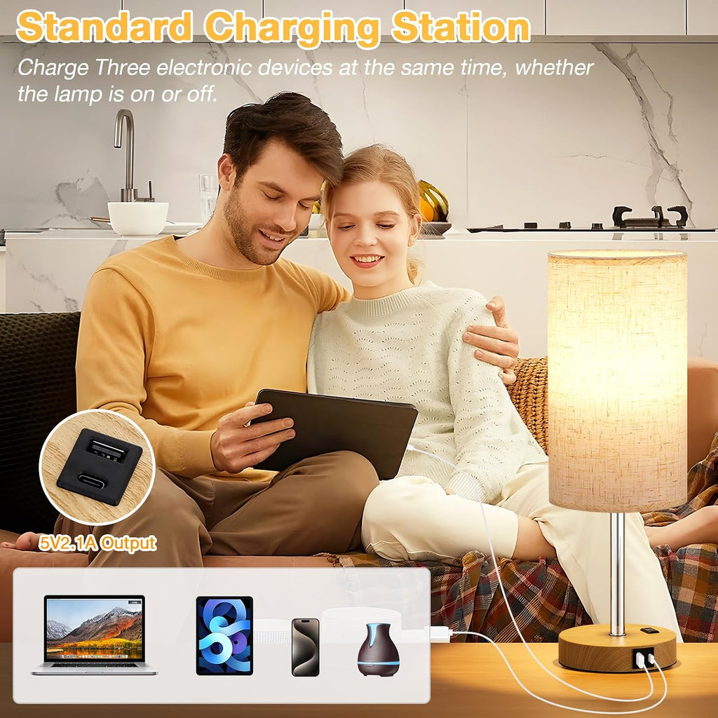 Dicoool Touch Bedside Table Lamp with USB - 3 Way Dimmable Wood Lamp for Bedroom Nightstand, Desk Lamp with Charging Station for Dorm…