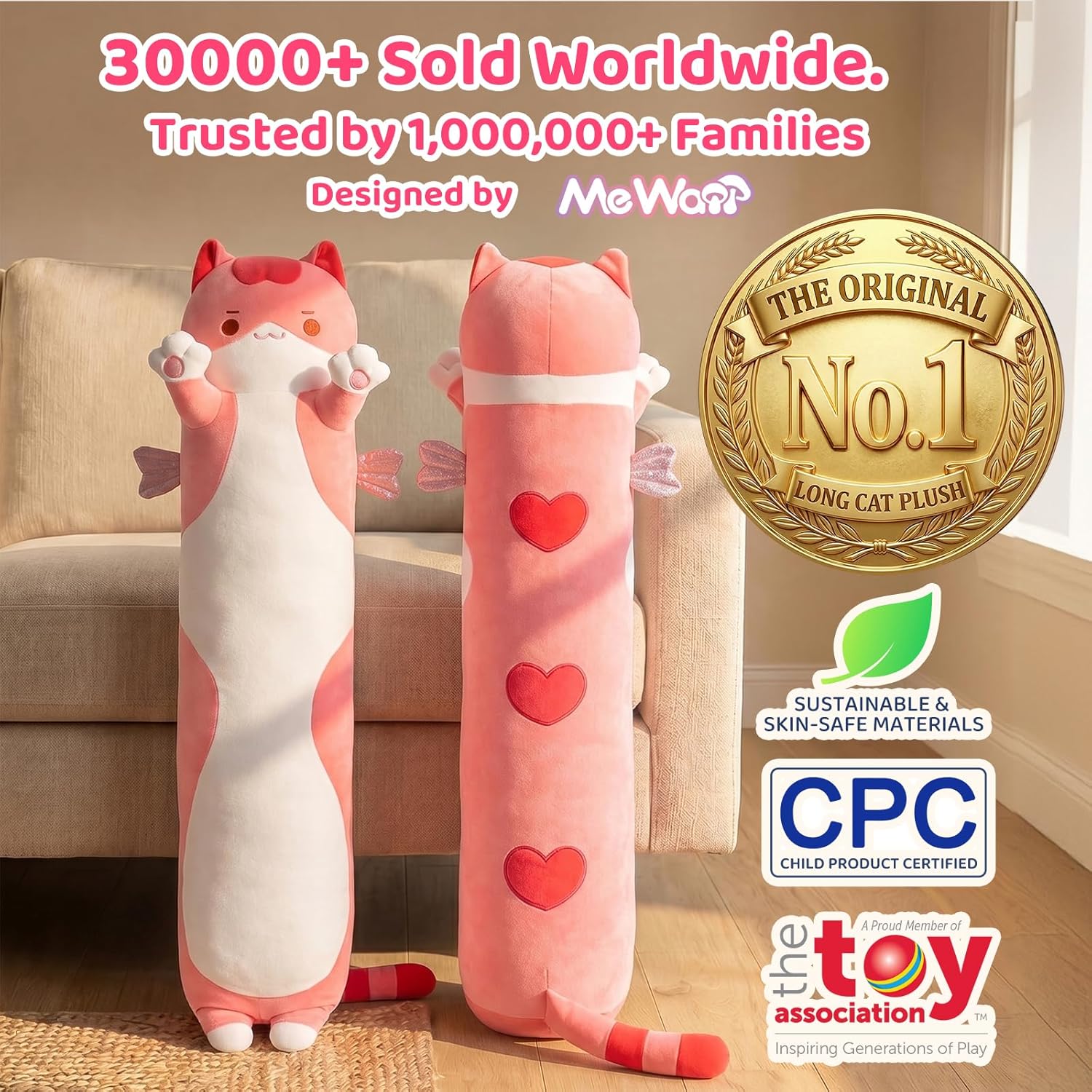 Mewaii Long Cat Plush 5 Sizes, 120% Extra Filling Giant Plushness Kids Body Pillow, Kawaii Cute Pink Cat Stuffed Animals Plushies, Big…