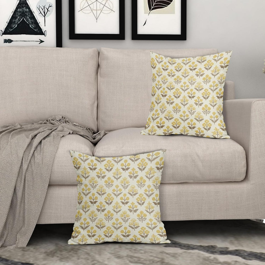 Brown Yellow Floral Block Print Pillow Covers 20x20 Inch Set of 2, Vintage Flower Pattern Decorative Throw Pillowcases Outdoor Farmhouse…