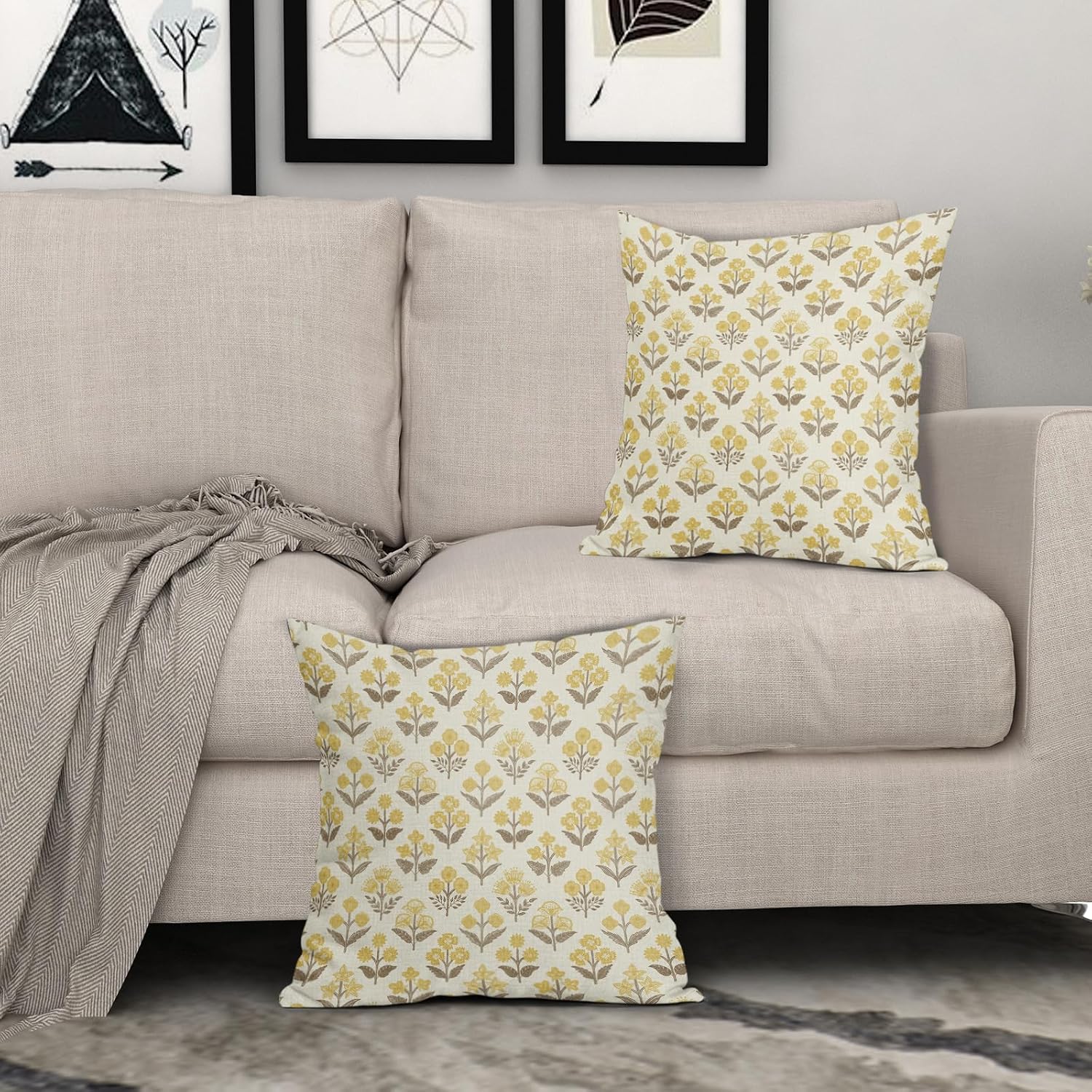Brown Yellow Floral Block Print Pillow Covers 20x20 Inch Set of 2, Vintage Flower Pattern Decorative Throw Pillowcases Outdoor Farmhouse…