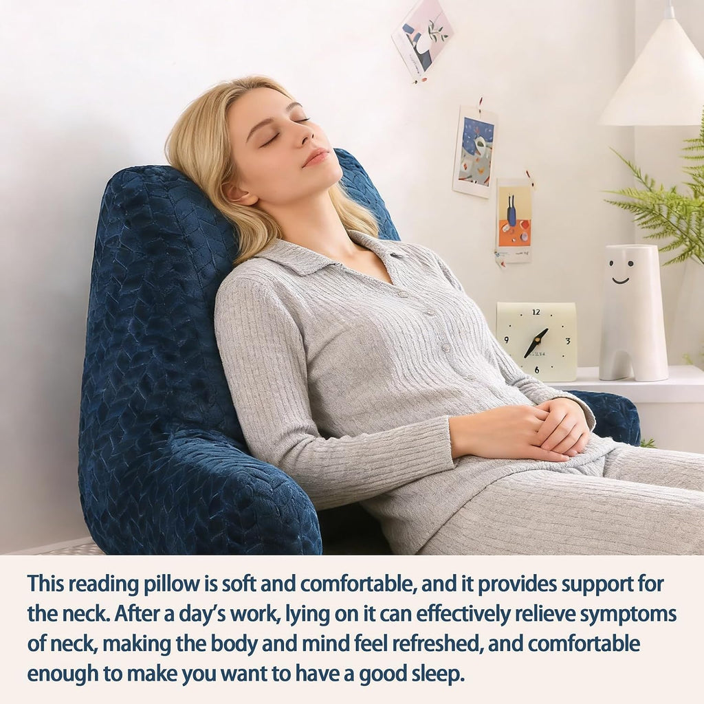 Blue Bed Reading Pillow for Adults, Memory Foam Backrest Pillow with Armrests for Sitting Up in Bed, Support for Back & Arms, Removable…