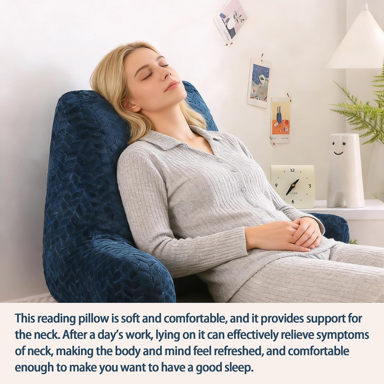 Blue Bed Reading Pillow for Adults, Memory Foam Backrest Pillow with Armrests for Sitting Up in Bed, Support for Back & Arms, Removable…