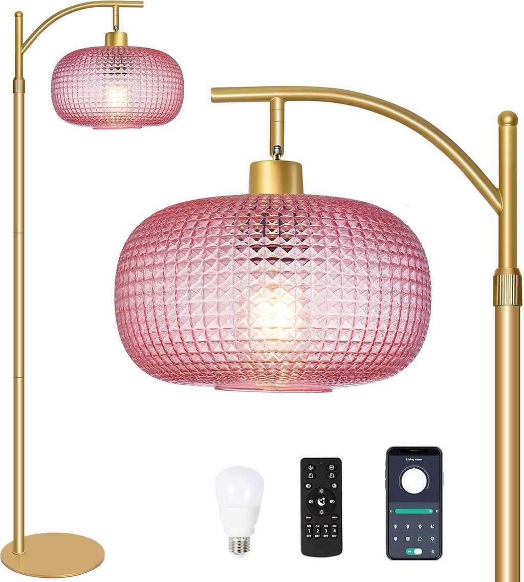 Glass Floor Lamp for Living Room, Modern Tall Standing Lamp with Pink Glass Lamp Shade, Dimmable Gold Tall Floor Lamp for Bedroom Office…