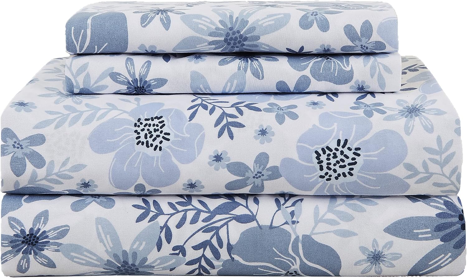 mooreeke King Size Sheets Set - 4 Piece Soft Breathable Microfiber Bed Sheet Set - Blue & White Flower Pattern Sheet Set King - Deep Pocket…