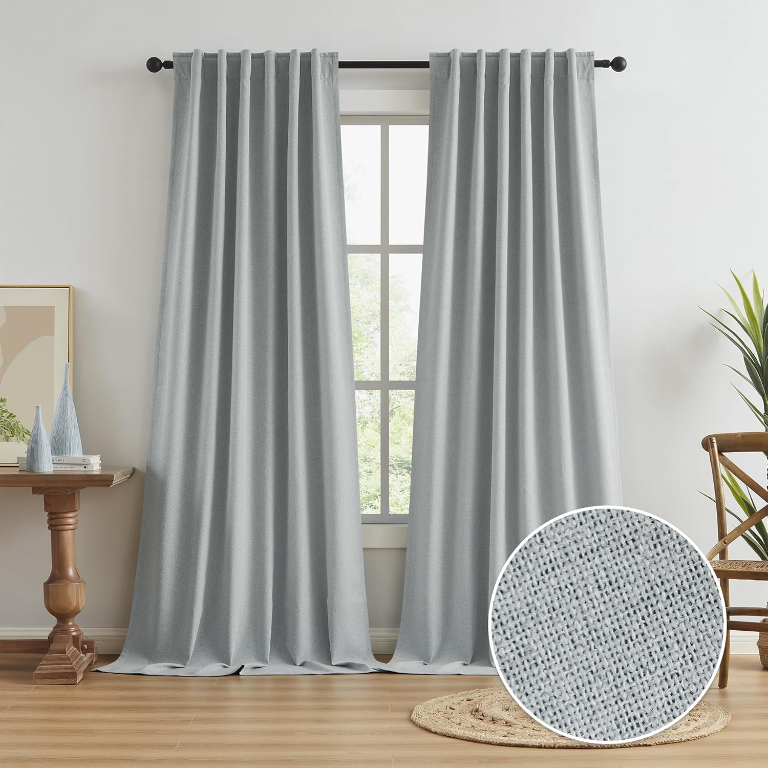 Keqiaosuocai Light Grey Linen Curtains for Patio 120 Inch Length, Sun Blocking Full Blackout Curtain Drapes for High Ceiling Sliding Glass…