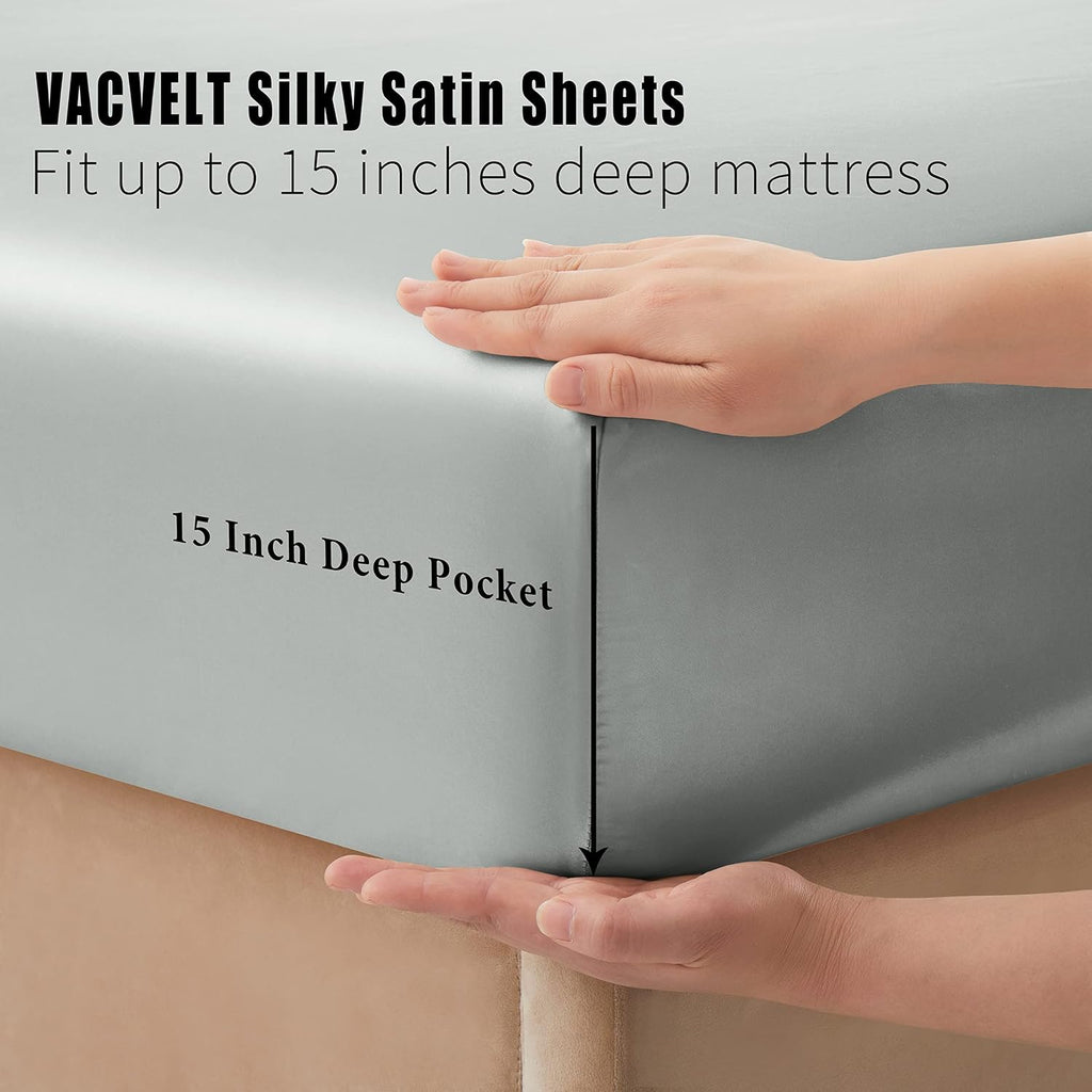 VACVELT 3pcs Silver Grey Satin Sheets Twin Size Bed Set, 15 Inch Deep Pocket Silky Satin Sheet Set, Soft Satin Bedding Set Cooling &…
