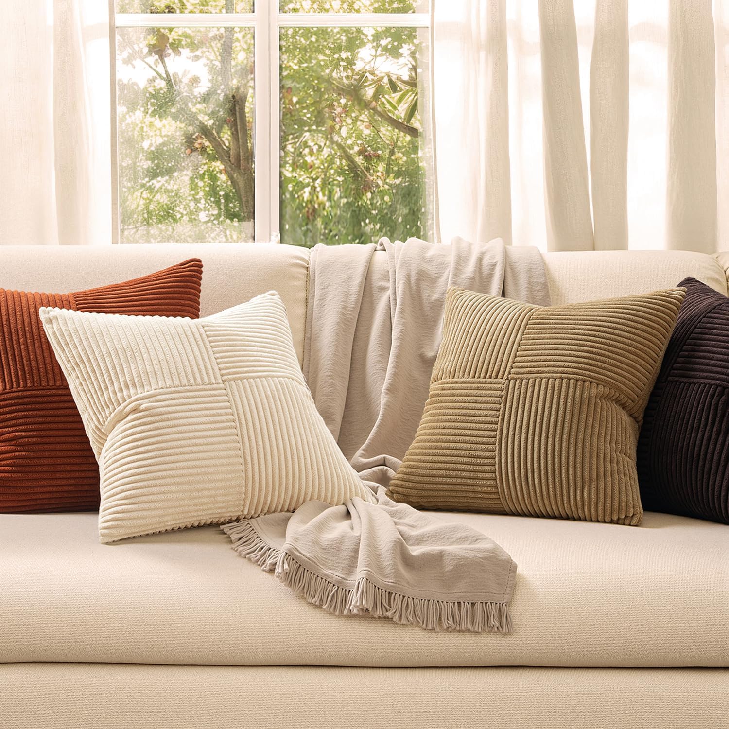Miulee Brown Beige Throw Pillow Covers 18x18 Inch Set of 4 Boho Farmhouse Cushion Cases for Livingroom Couch Bed Soft Corduroy Pillow Cases…