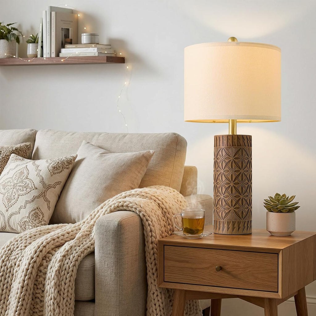 BOBOMOMO 24.25" Modern Farmhouse Table Lamps Set of 2, Geometric Wood Grain Resin Bedside Lamps for Nightstand, Rustic Lamps for Living…